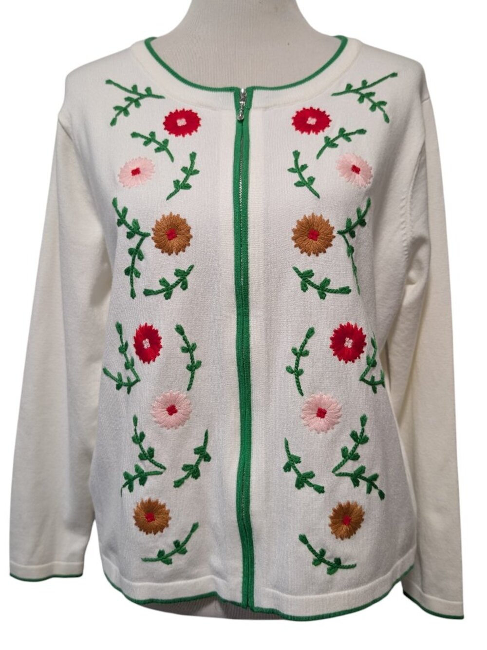 La Vila Milano Womens NWT Sz L Eggshell White Floral Embroidered Zip Up Cardigan